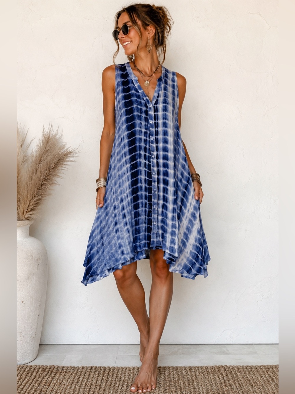Umgee Blue Tie Dye Swing Dress Bohemian Oversized Tunic